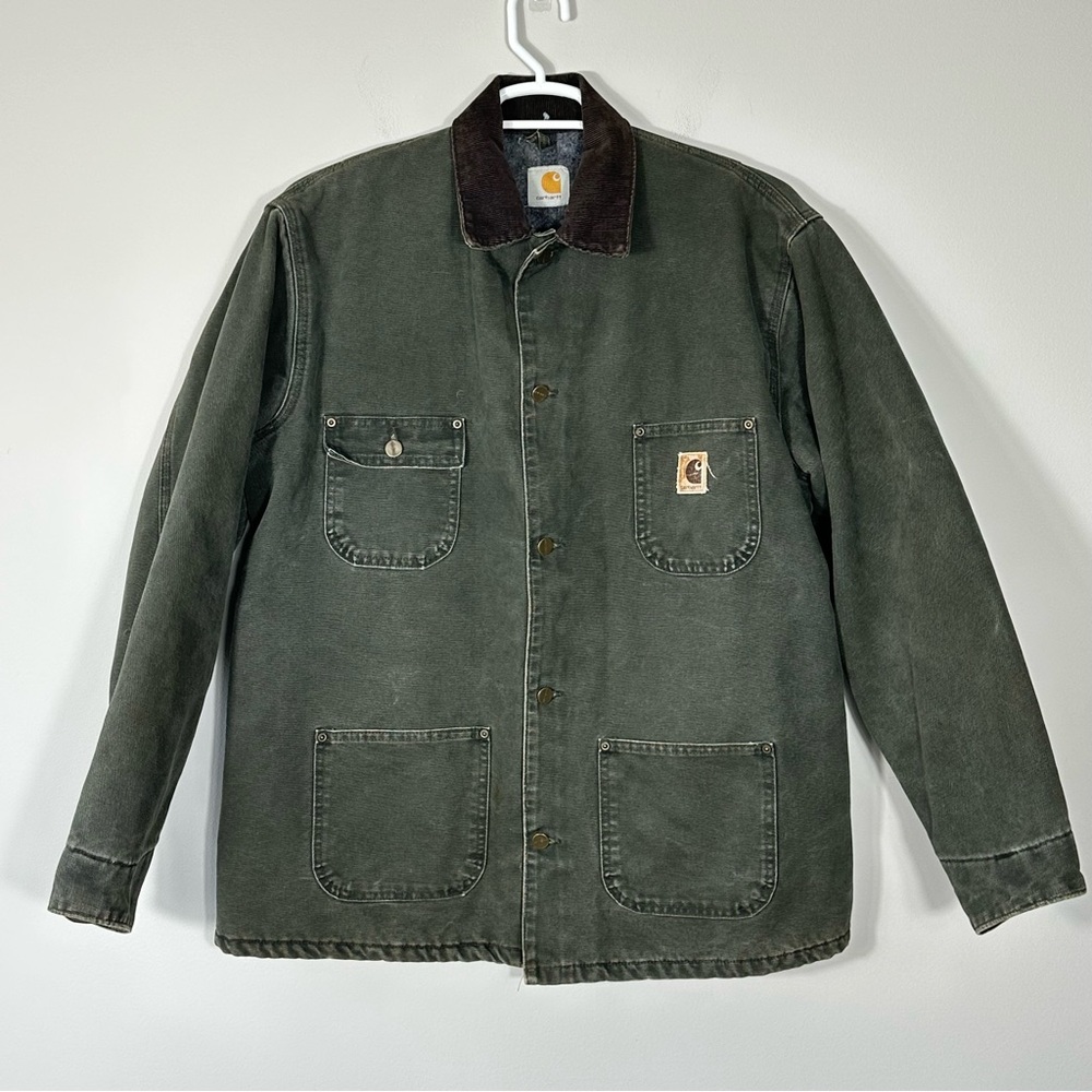 Vintage Carhartt Green Chore Jacket Blanket Lined Workwear Coat Brown Collar XL - Picture 2 of 16